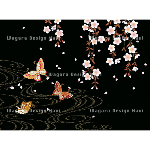 流水に枝垂れ桜と蝶 和風デザイン 和柄素材なら Wagara Design Navi