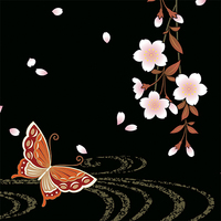 流水に枝垂れ桜と蝶