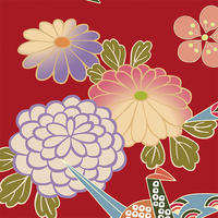 レトロ菊に梅・折り鶴・朱色・タイリングパターン