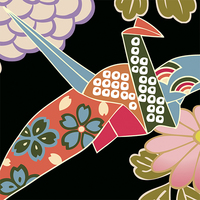 レトロ菊に梅・折り鶴・黒色・タイリングパターン