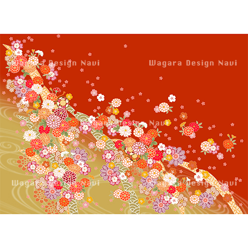 雪輪露草に菊花紋・赤 | 和風デザイン・和柄素材なら Wagara Design Navi