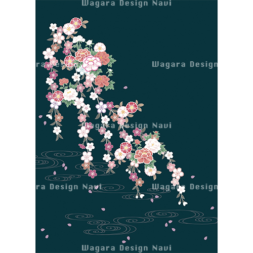 観世水に枝垂桜牡丹・深緑