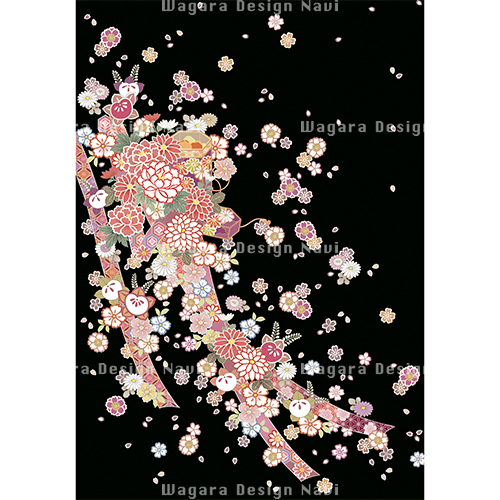 熨斗目に貝桶牡丹桜 黒 和風デザイン 和柄素材なら Wagara Design Navi