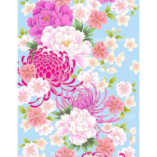 牡丹乱菊桜 水色 和風デザイン 和柄素材なら Wagara Design Navi
