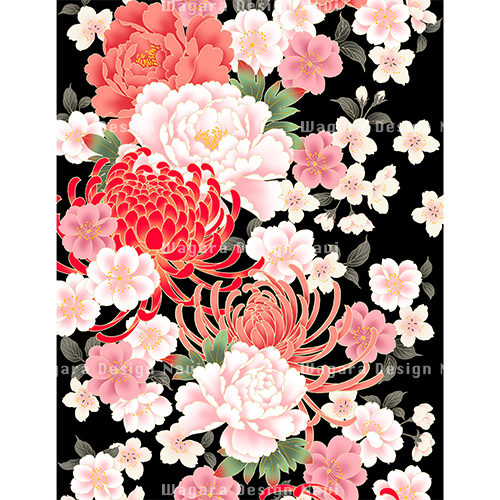 牡丹乱菊桜 黒 和風デザイン 和柄素材なら Wagara Design Navi