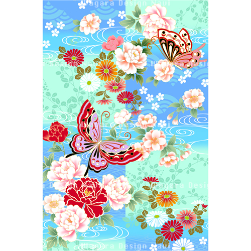 市松ぼかしに蝶牡丹 水色 和風デザイン 和柄素材なら Wagara Design Navi