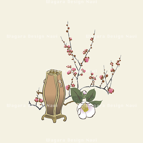 花器に梅と椿 手書き風 和風デザイン 和柄素材なら Wagara Design Navi