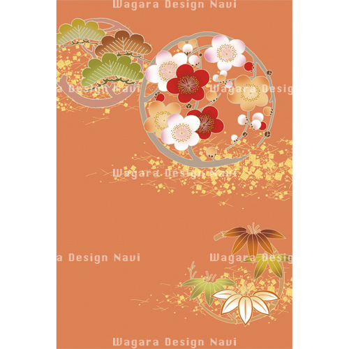 花丸 梅 松 笹 切金 赤朽葉色 和風デザイン 和柄素材なら Wagara Design Navi